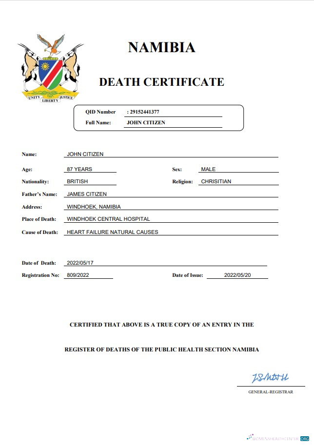 Download Namibia vital record death certificate Word and PDF template Photoshop template